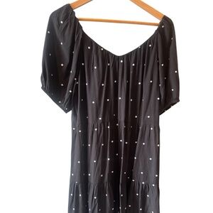 Loft Women’s M Black White Embroidered Dot Short Sleeve Peasant Lined Dress